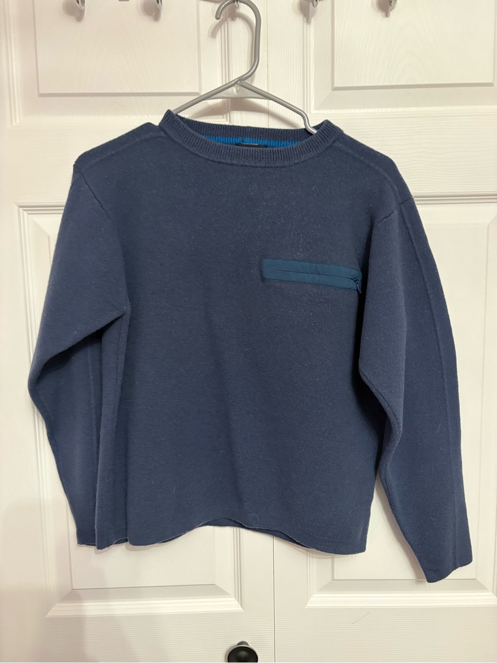 Patagonia Wool Navy Crewneck Sweater with Contrast Pocket Trim
